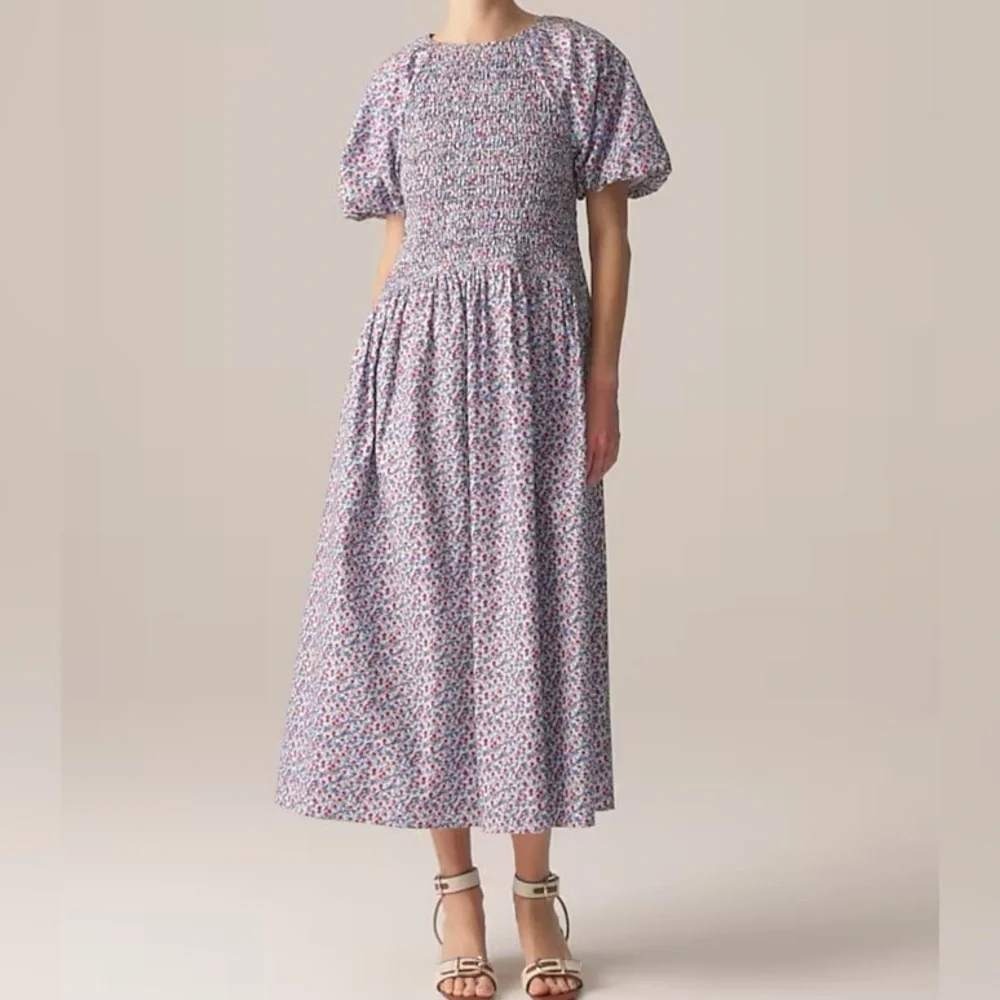NWT J.Crew Floral Smocked Midi Dress XL Blue Red Puff Sleeve Pockets Cottagecore